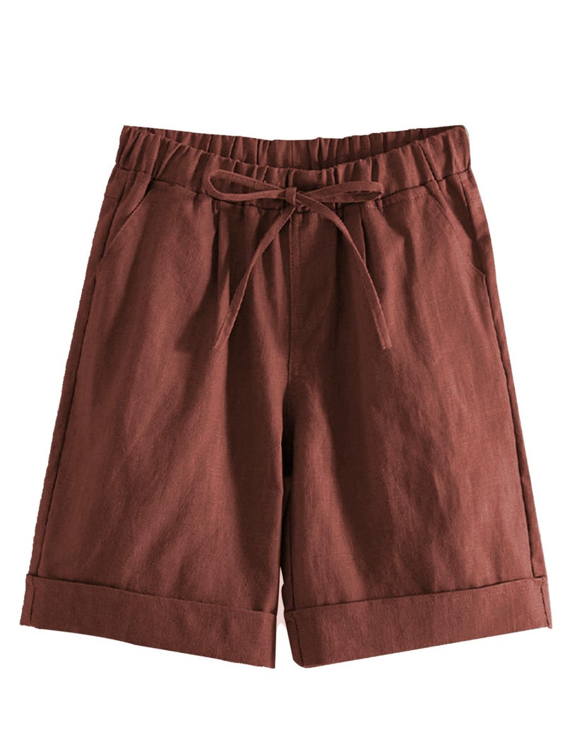 Yeokou Womens Casual Loose Elastic Drawstring Summer Beach Bermuda Pocketed Shortsï¼ˆRed-Lï¼‰ - Image 1
